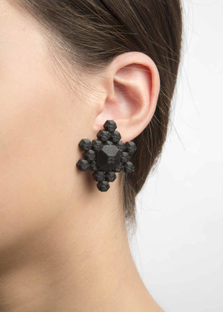 A close-up of a model's ear wearing a black, textured, flower-like stud earring made of faceted beads.