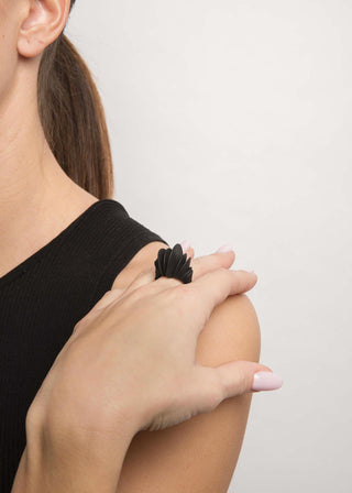 Person wearing a black sleeveless top with a black ring on a plain background