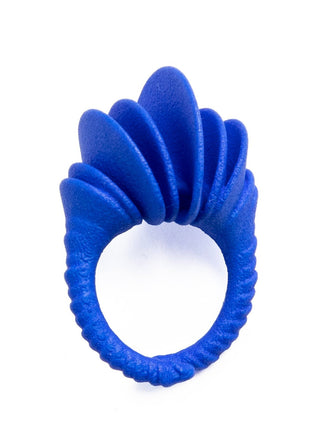 Blue ring with spiky design on a white background