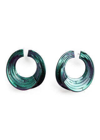 Pair of green hoop earrings on a white background