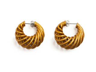 Pair of gold hoop earrings on a white background