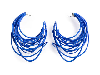 Pair of blue hoop earrings on a white background