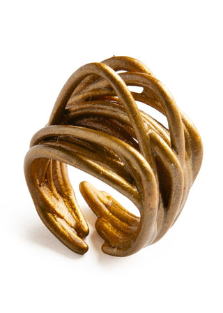 Bronze ring with interwoven design on a white background