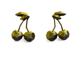 Two pairs of yellow and black earrings on a white background