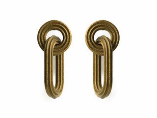 A pair of textured gold-toned earrings with a layered, ribbed circular design, displayed on a clean white background.