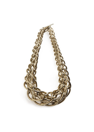 A chunky multi-strand braided statement necklace in a warm gold-tone metal, displayed on a clean white background.