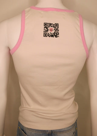 A beige tank top with pink trim and a black QR code graphic on the back, shown on a mannequin torso paired with blue jeans.