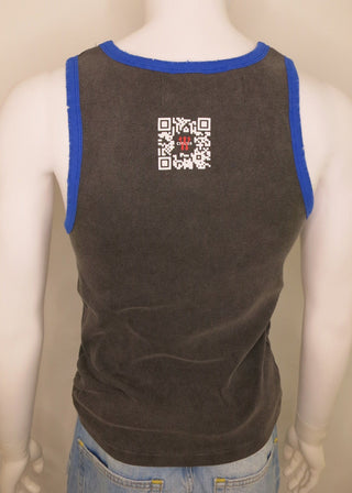A dark brown tank top with blue trim on the neckline and armholes, displayed on a mannequin. The back of the shirt features a white QR code graphic with a small red heart in the center.