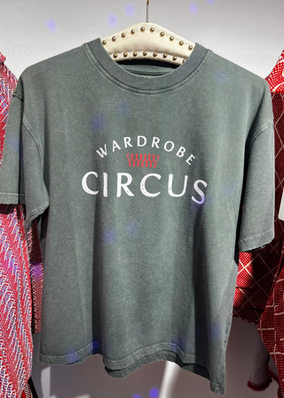 Green t-shirt with 'Wardrobe Circus' text on a hanger against a patterned background