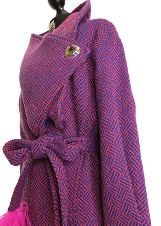 A close-up of a purple and pink patterned jacket.