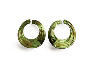 Pair of green hoop earrings on a white background