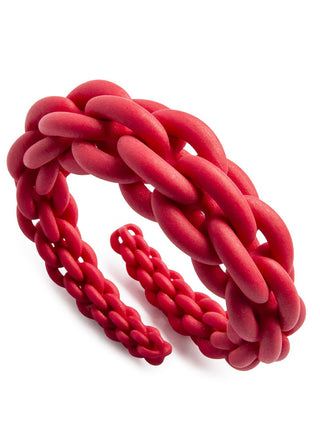 Red woven 3D-printed bracelet on a white background