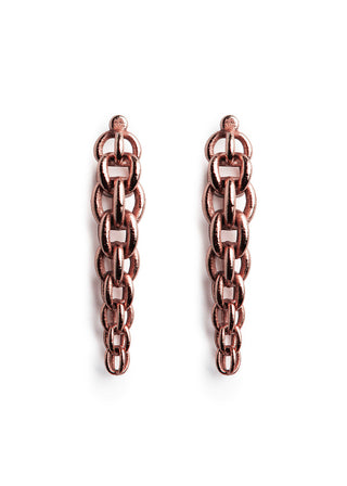 A pair of rose gold chain link drop earrings on a clean white background.