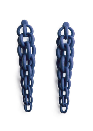Pair of blue chain-style earrings on a white background
