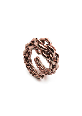 A textured metallic ring with a knotted, braided chain design in a bronze finish, shown on a plain white background.