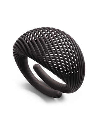 A black open cuff ring with a textured, woven-like ribbed pattern, shown on a clean white background.