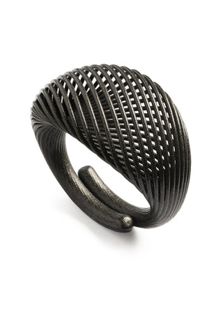 A textured black metal open band ring with a woven, basketweave pattern on a white background.