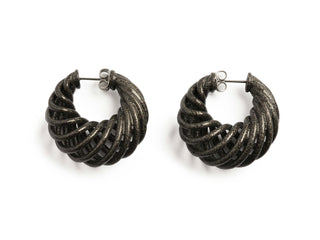 Pair of gunmetal hoop earrings on a white background