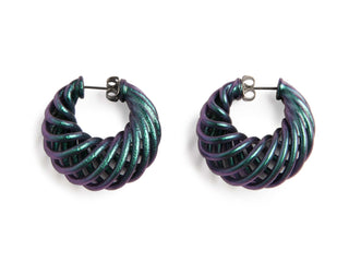 Pair of iridescent nebula hoop earrings on a white background