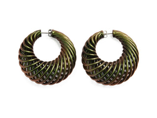 Pair of beetle green hoop earrings on a white background