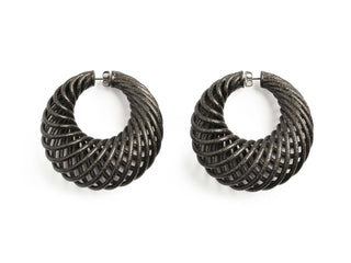 Pair of gunmetal hoop earrings on a white background