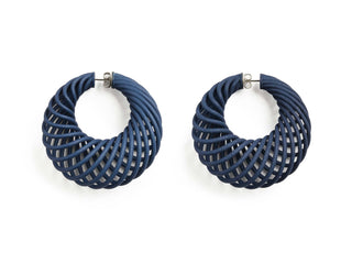 Pair of blue hoop earrings on a white background
