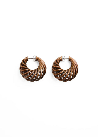A pair of textured, twisted hoop earrings in a warm brown wood-grain finish with silver-tone posts, displayed on a clean white background.