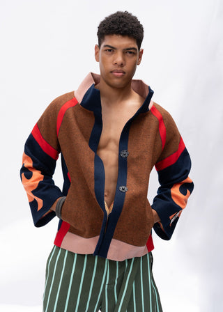 Man wearing a red short jacket on a white background