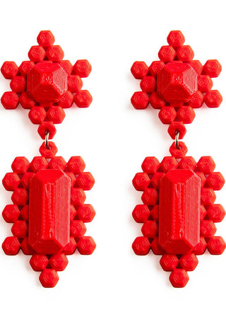 Pair of red earrings on a white background