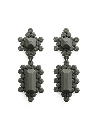 Pair of black 3D-printed earrings on a white background