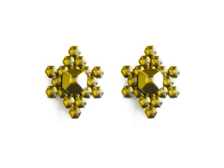 Pair of gold earrings with gemstone-like stones on a white background