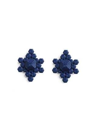 Pair of blue textured earrings on a white background