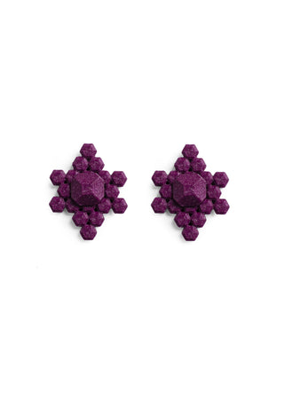 Pair of purple textured earrings on a white background