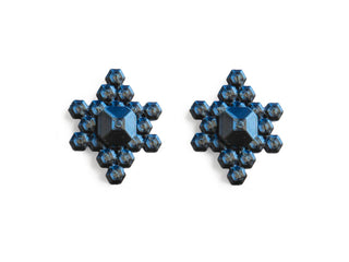 Pair of blue and black stud earrings on a white background