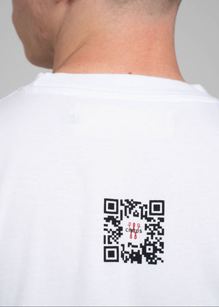 White t-shirt with a QR code and logo on the back against a plain background