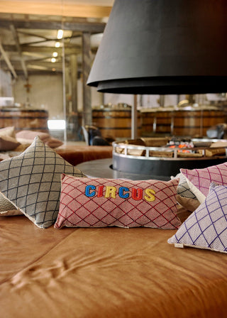 Decorative pillows on a couch with 'Circus' text in a rustic indoor setting