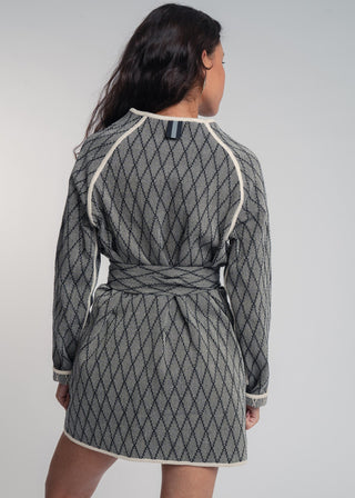 Unisex artist jacket belt in premium cotton with a bold black diamond design and ecru finished edges.