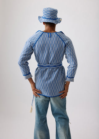 Unisex artist jacket in premium cotton with a bold blue diamond design and blue finished edges.