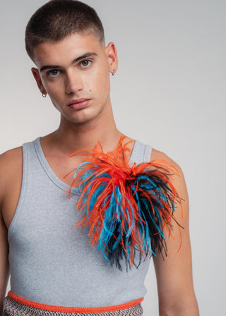 Dark turkis unisex tri-color ostrich feather brooch accessory.
