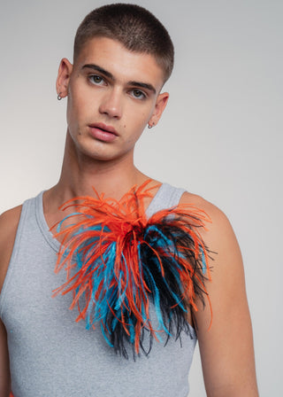 Dark turkis unisex tri-color ostrich feather brooch accessory.
