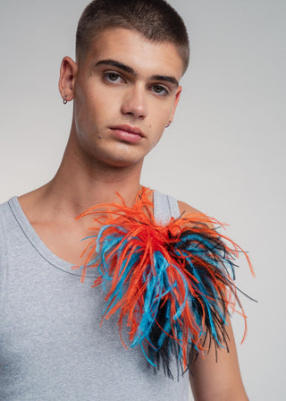 Dark turkis unisex tri-color ostrich feather brooch accessory.