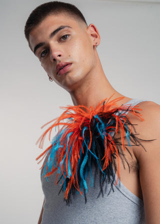 Dark turkis unisex tri-color ostrich feather brooch accessory.