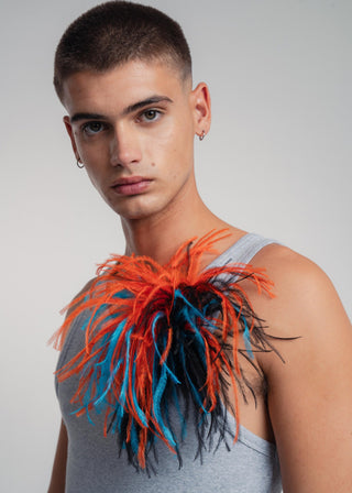 Dark turkis unisex tri-color ostrich feather brooch accessory.
