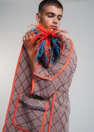 Dark turkis unisex tri-color ostrich feather brooch accessory.