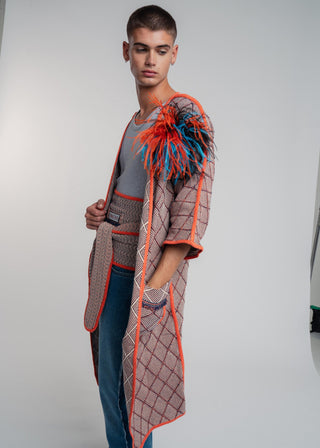 Dark turkis unisex tri-color ostrich feather brooch accessory.