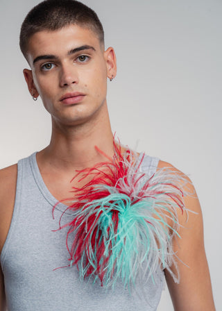 Light grey unisex tri-color ostrich feather brooch accessory.