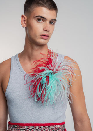 Light grey unisex tri-color ostrich feather brooch accessory.
