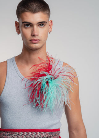 Light grey unisex tri-color ostrich feather brooch accessory.