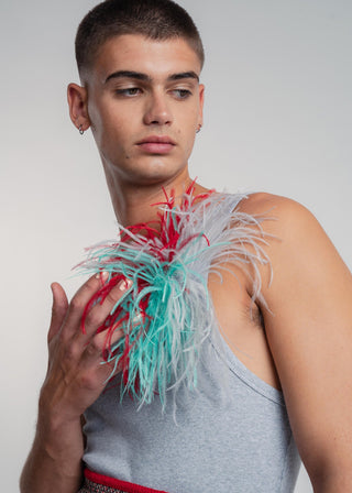 Light grey unisex tri-color ostrich feather brooch accessory.