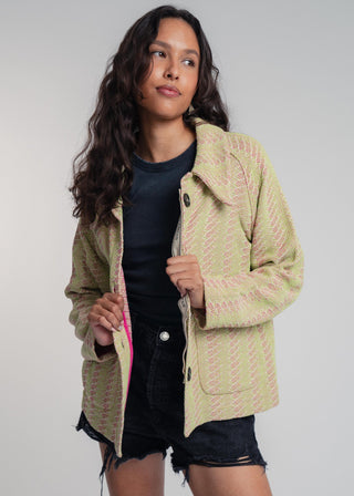 Unisex short jacket in premium cotton with a bold light green and hot pink duo-color design, featuring interchangeable buttons for a customizable look.